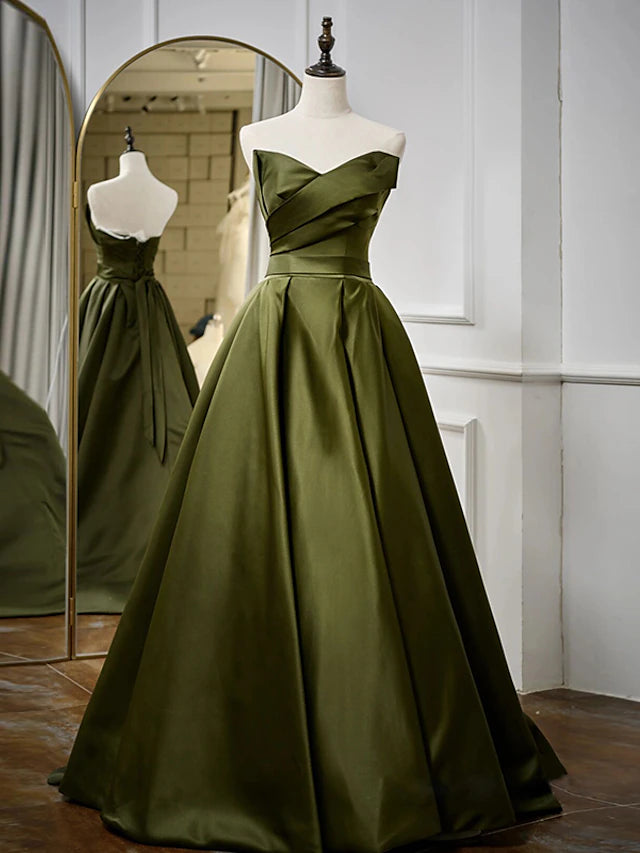 Luolandi A-Line Evening Gown Sexy Dress Formal Floor Length Sleeveless Strapless Satin with Pleats